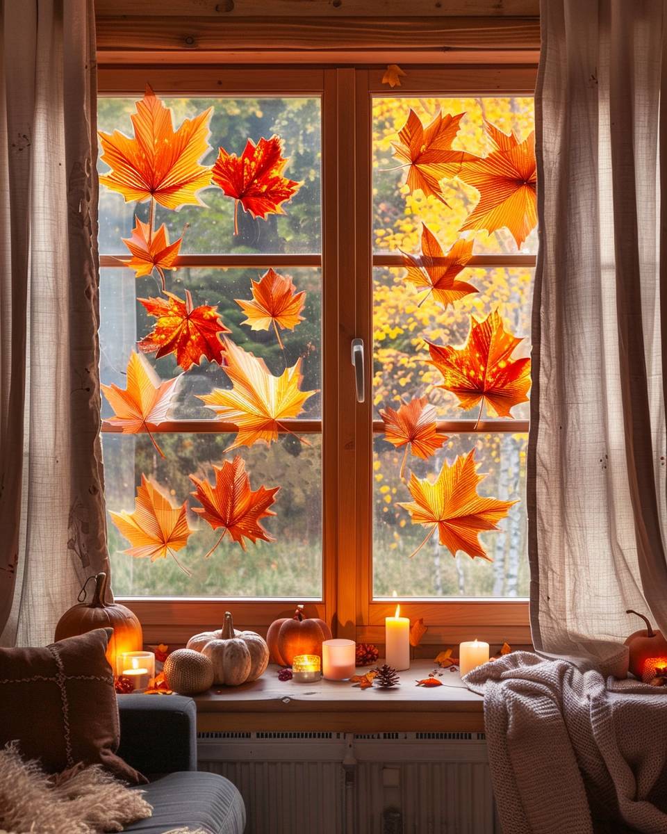 Ideen für Herbstdeko im Fenster- Falte Papierblätter in warmen Farben