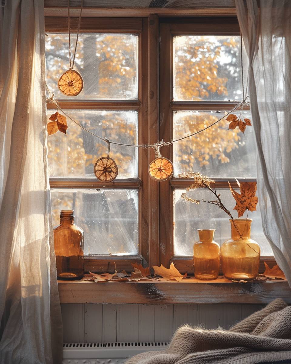 Ideen für Herbstdeko im Fenster- Hänge getrocknete Orangenscheiben ins Licht