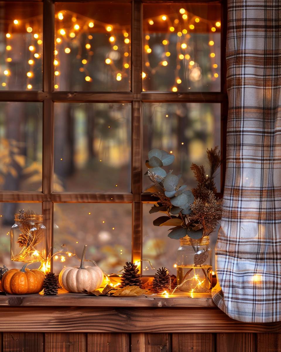 Ideen für Herbstdeko im Fenster- Lege eine Lichterkette mit warmem Schein aus