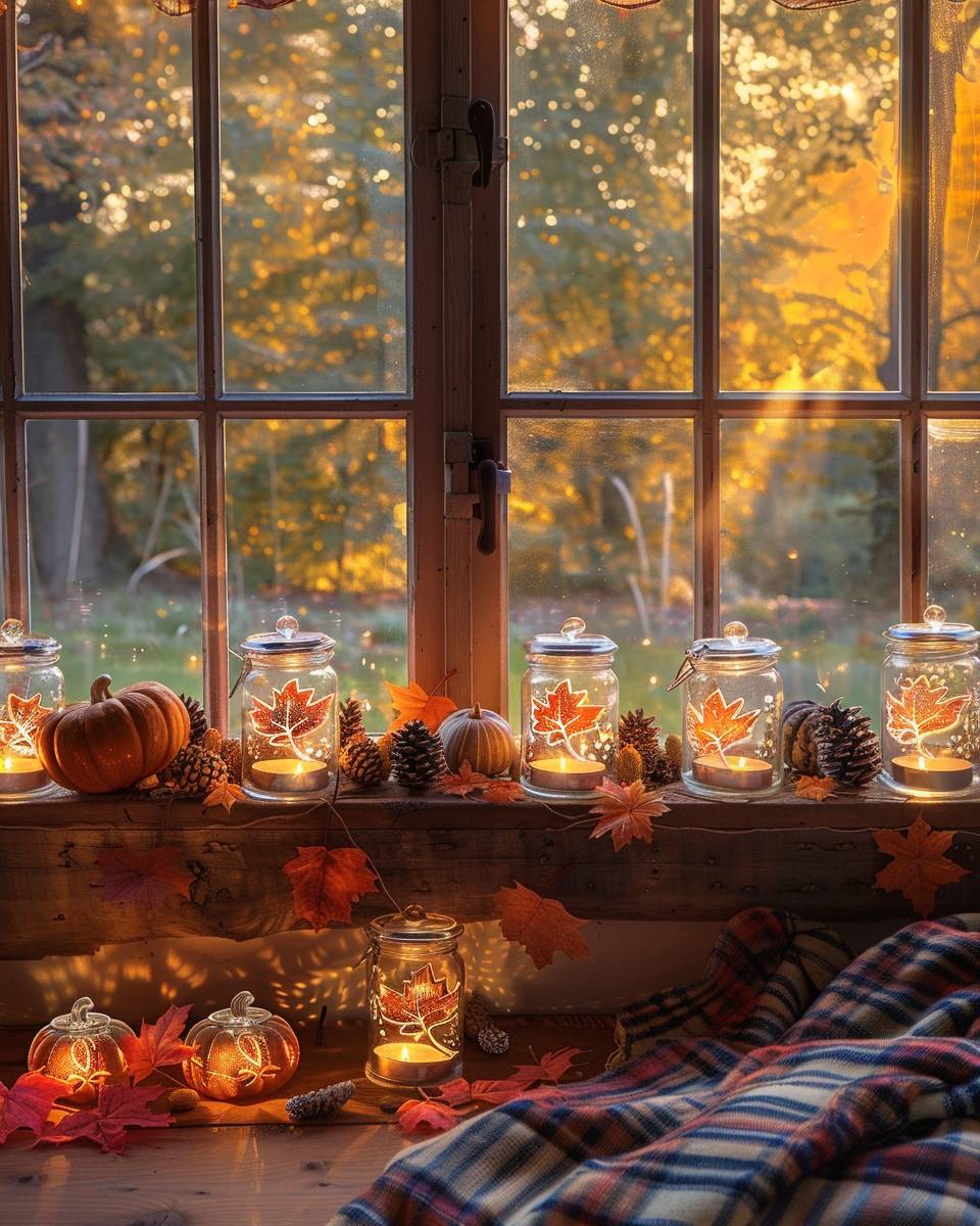 Ideen für Herbstdeko im Fenster- Stelle Windlichter mit herbstlichen Mustern auf