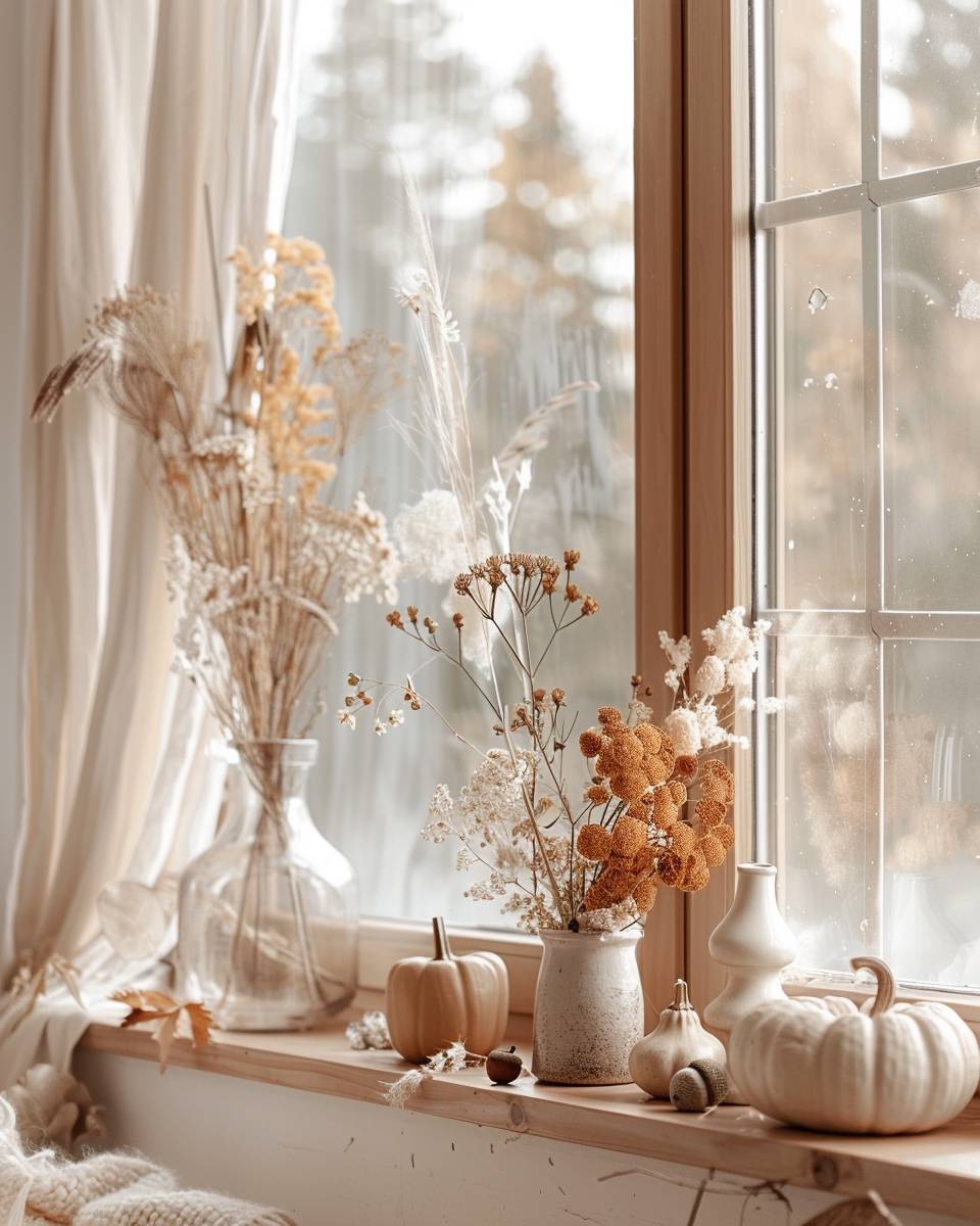 Ideen für Herbstdeko im Fenster- Verwende Trockenblumen für natürliche Akzente