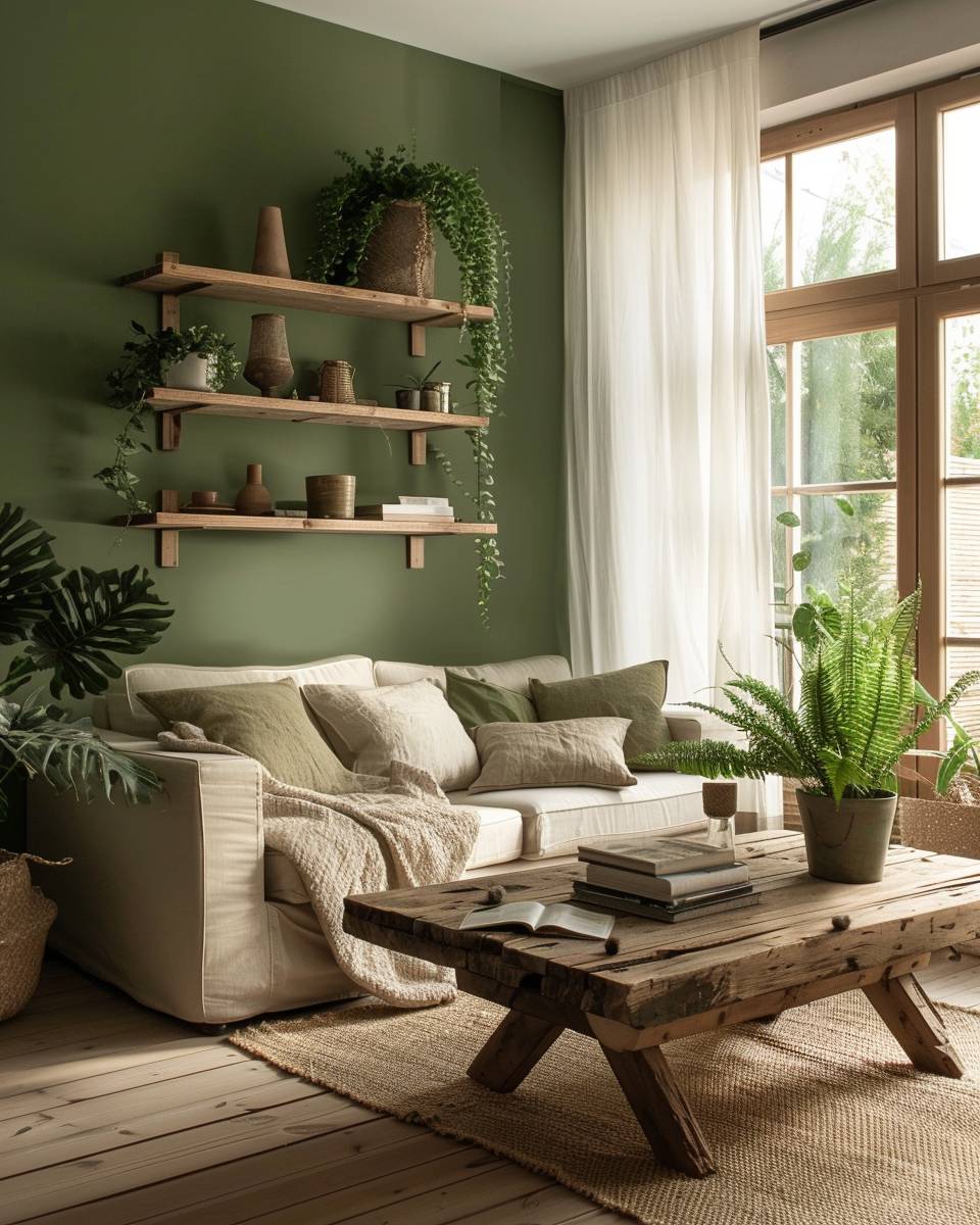 Ideen und Inspiration: Wandfarbe Grün- Kombiniere Moosgrün mit Holz für Natürlichkeit