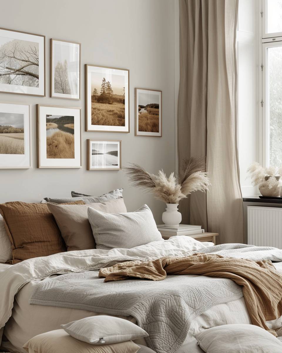 Bilderwand Schlafzimmer Ideen- Arrangiere Motive nach deinem Farbkonzept