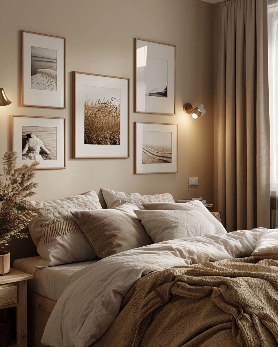 Bilderwand Schlafzimmer Ideen- Beleuchte deine Bilder mit sanftem Licht