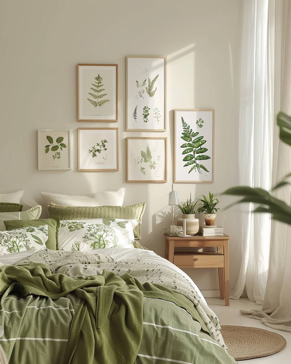 Bilderwand Schlafzimmer Ideen- Dekoriere mit botanischen Illustrationen in Grün