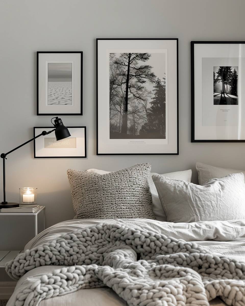 Bilderwand Schlafzimmer Ideen- Gestalte eine Ecke mit monochromen Bildern