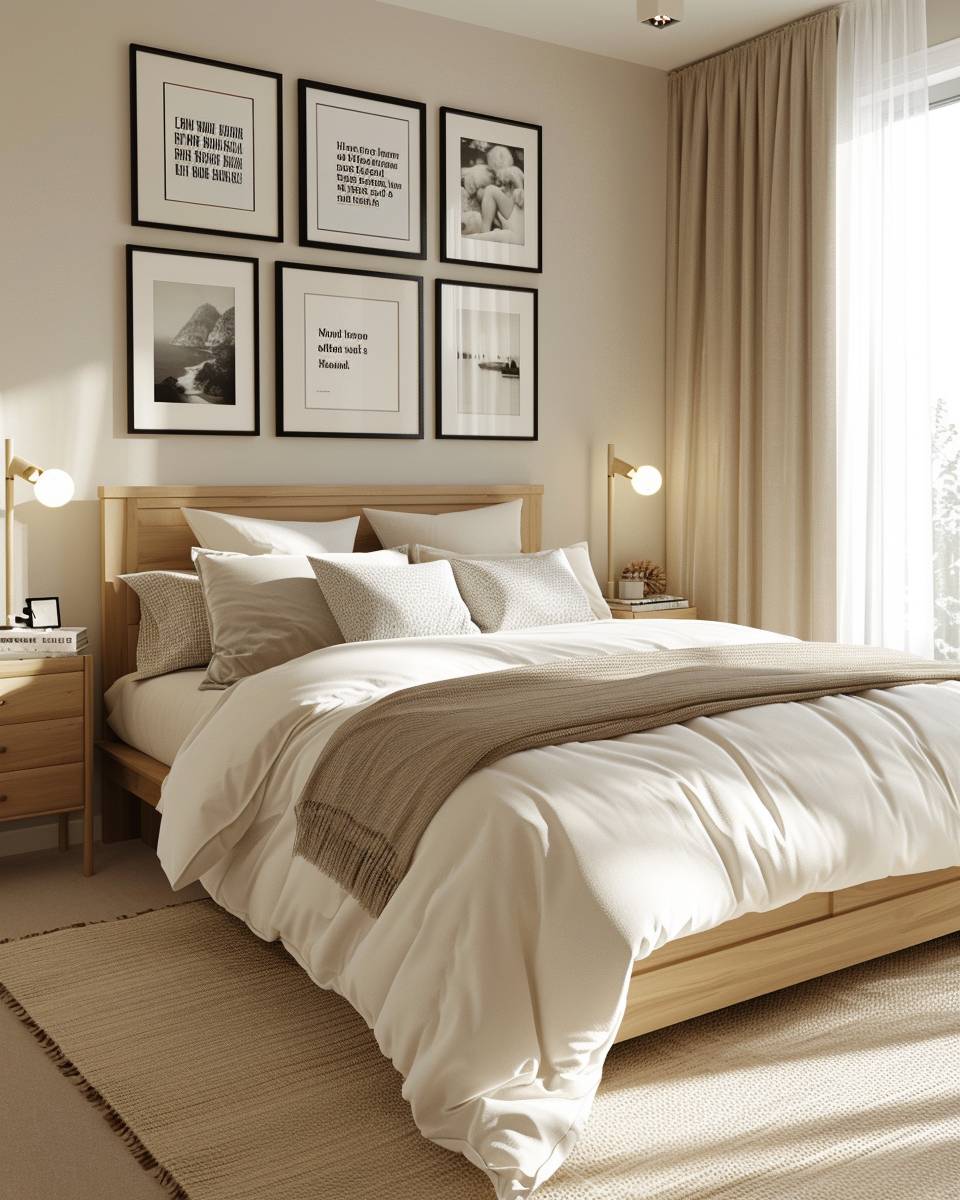 Bilderwand Schlafzimmer Ideen- Kombiniere Fotos mit inspirierenden Zitaten