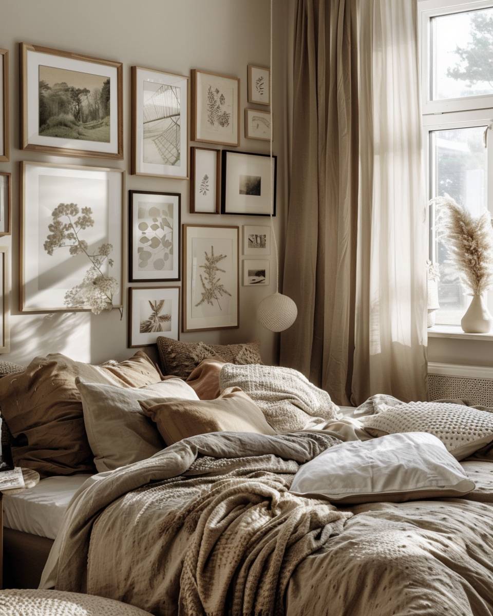 Bilderwand Schlafzimmer Ideen- Kreiere Tiefe mit mehrlagigem Arrangement