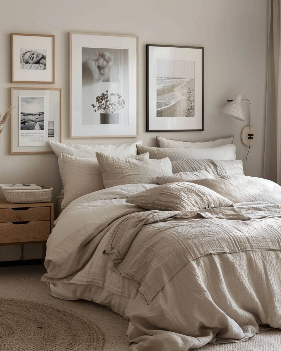 Bilderwand Schlafzimmer Ideen- Mische persönliche Fotos mit Kunstdrucken