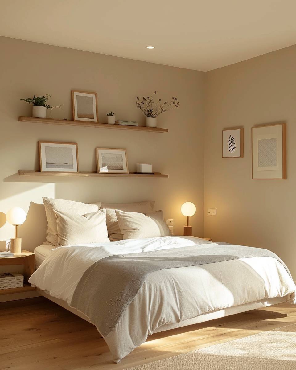 Bilderwand Schlafzimmer Ideen- Nutze Wandregale für flexible Gestaltung