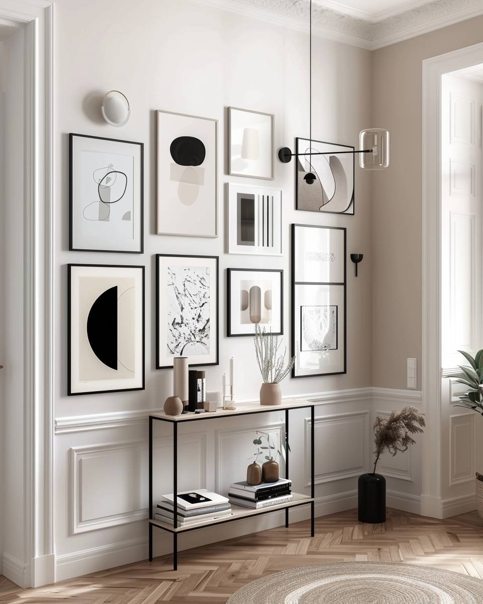 Bilderwand im Flur- Kombiniere Kunststile für spannenden Kontrast