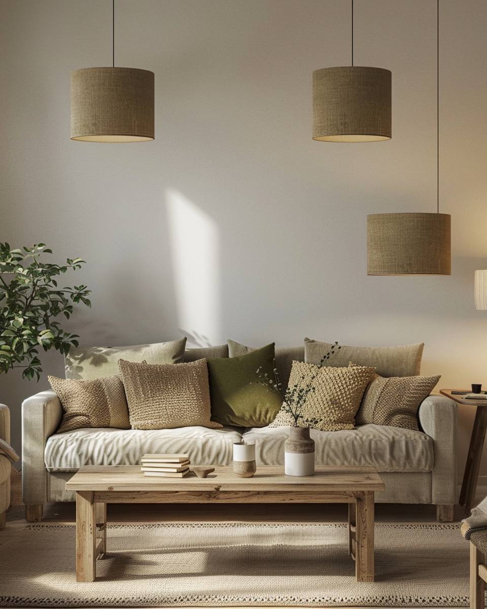 Einrichtungsideen mit der Farbe Khaki-  
Nutze khakifarbene Lampenschirme für weiches Licht