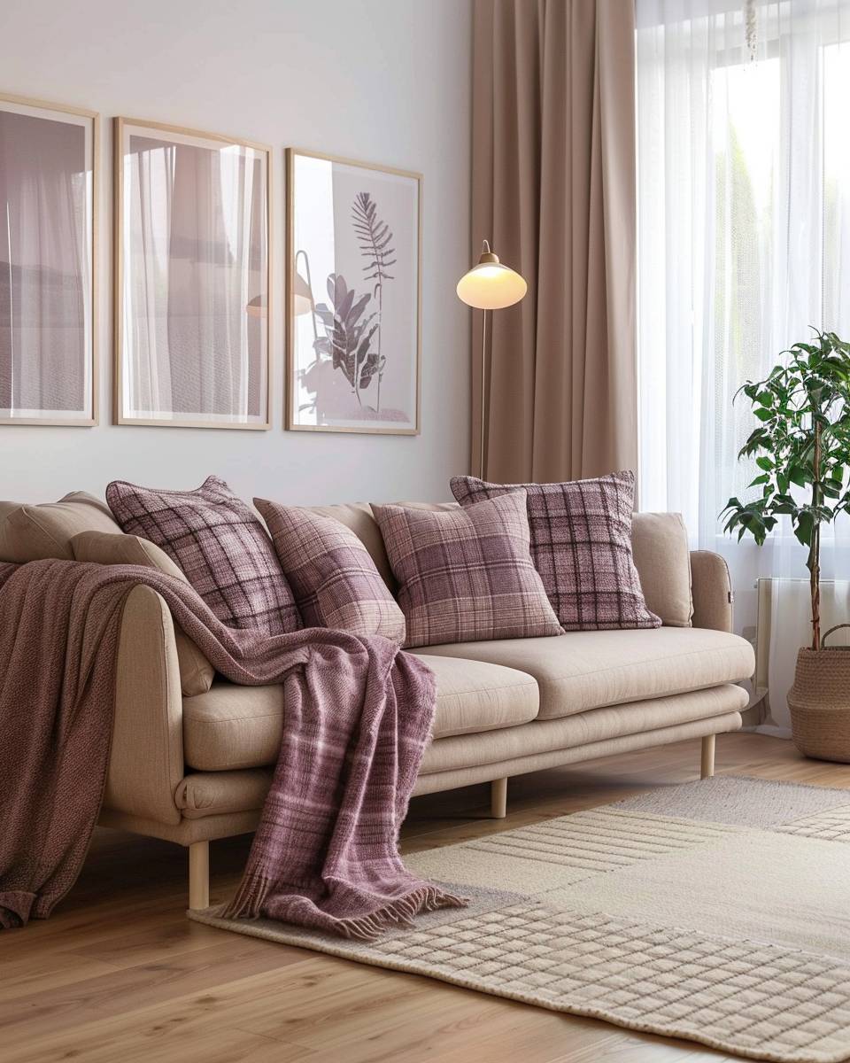 Einrichtungsideen mit der Farbe Mauve-
Ergänze dein Sofa mit mauvefarbenen Plaids