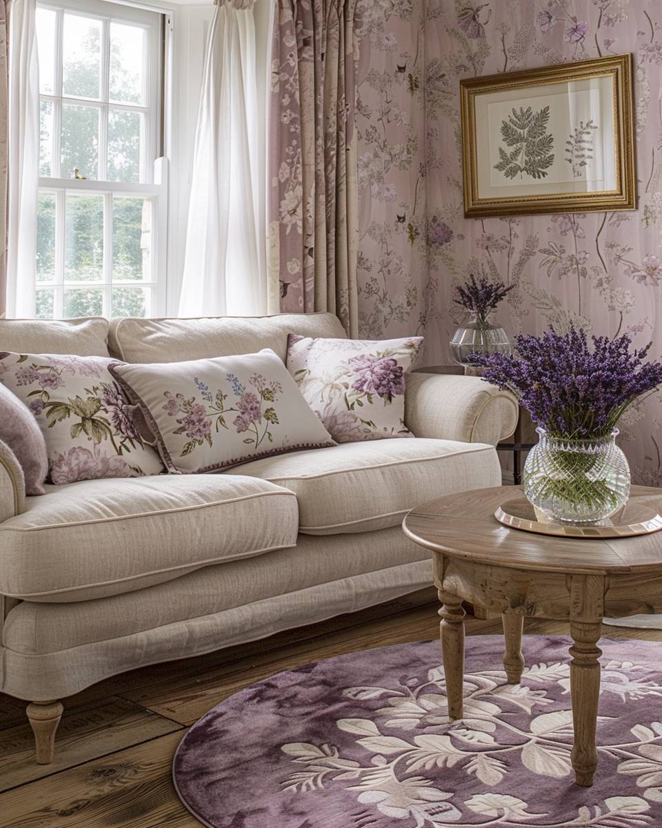 Einrichtungsideen mit der Farbe Mauve-
Integriere Mauve in florale Muster