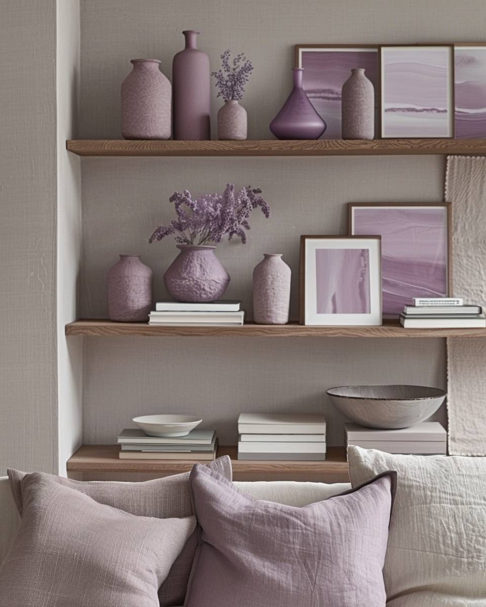 Einrichtungsideen mit der Farbe Mauve-
Verziere Regale mit Deko in Mauve