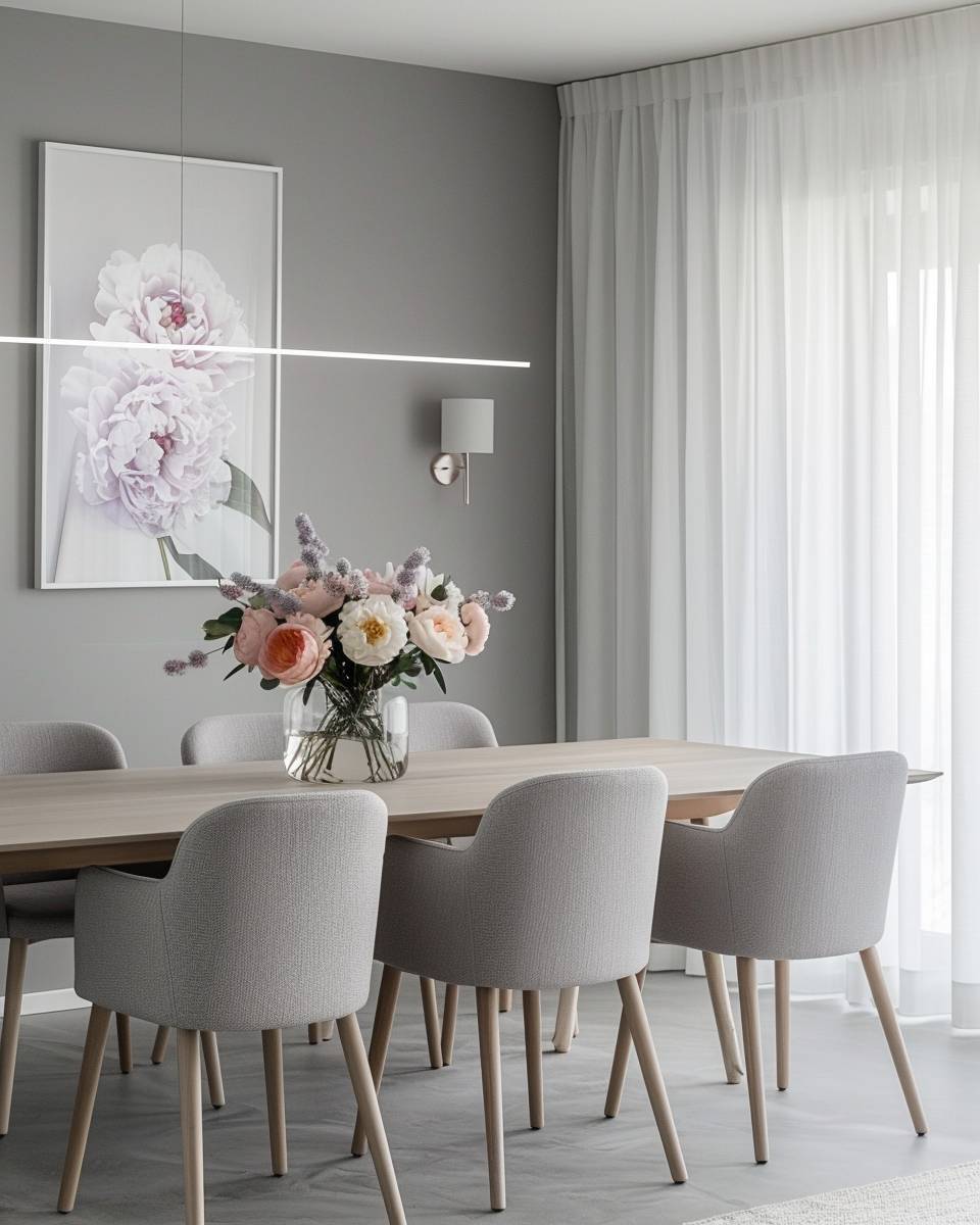 Esszimmer in Grau gestalten- Brich das Grau mit Pastellblüten