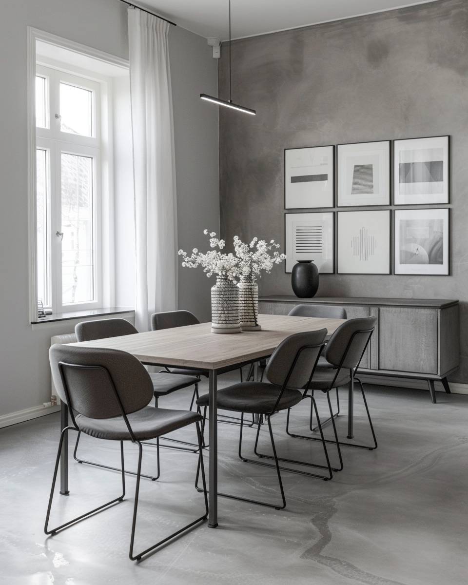 Esszimmer in Grau gestalten- Hänge grafische Kunst in monochromen Tönen