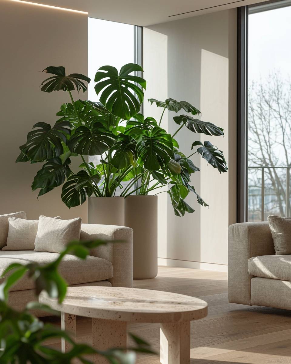 Ideen: Dekorieren mit Pflanzen- Stelle große Monstera als grünes Statement
