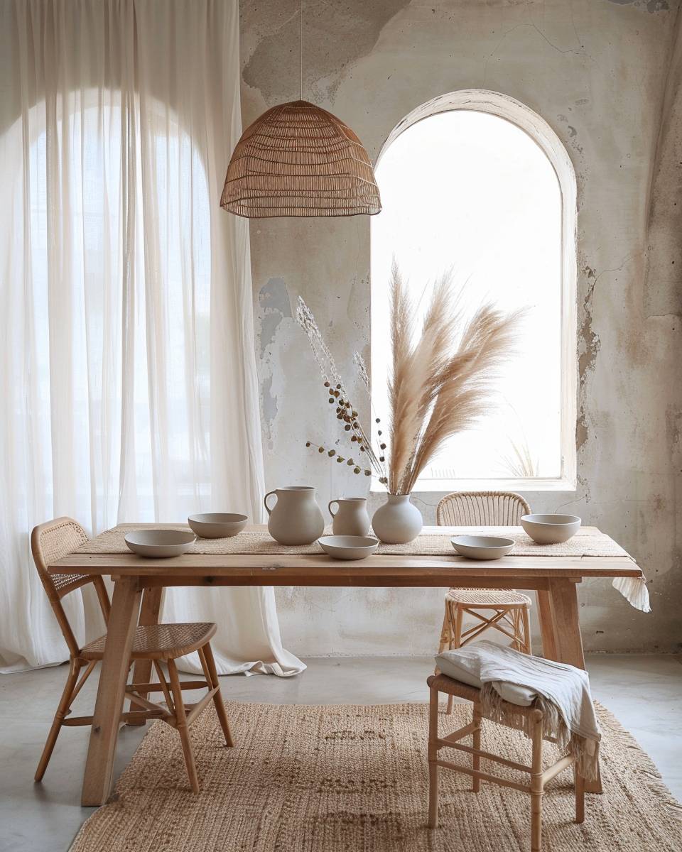 Ideen für Esszimmer im Boho-Stil- Arrangiere handgemachte Keramik als Tischakzent