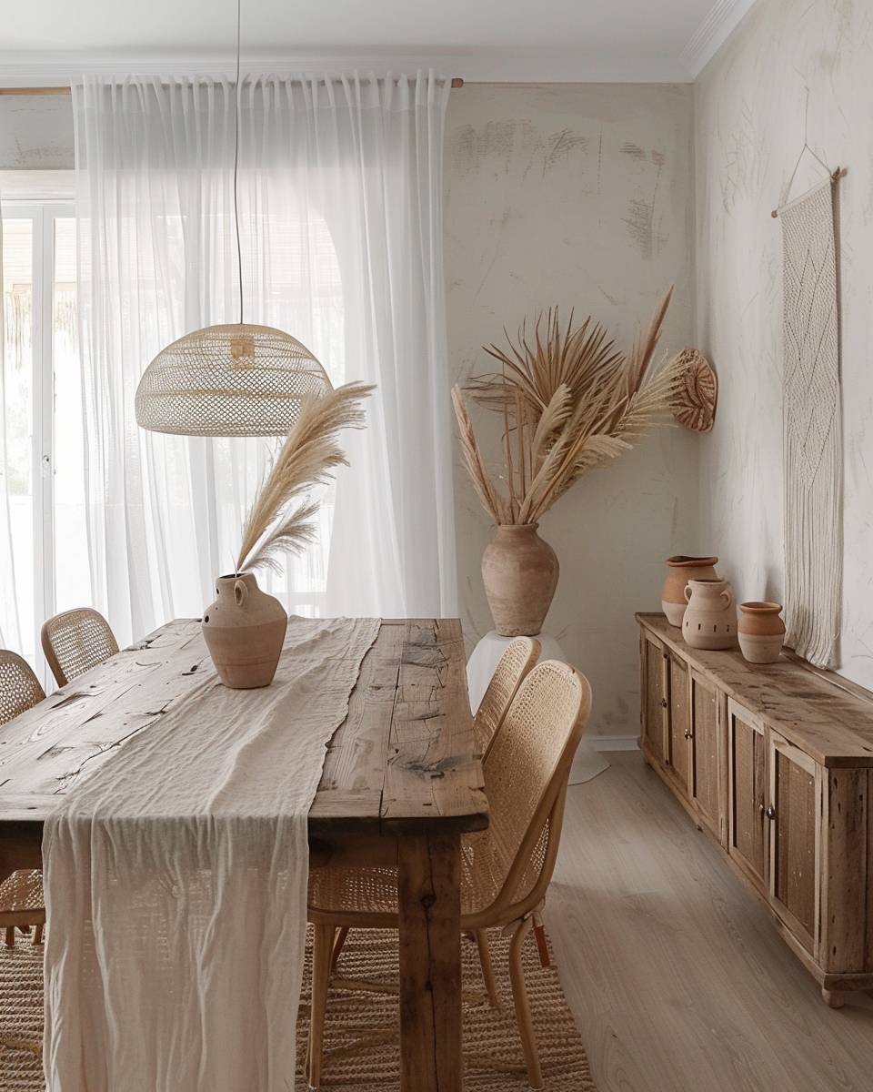 Ideen für Esszimmer im Boho-Stil- Dekoriere mit Trockenblumen in Naturvasen