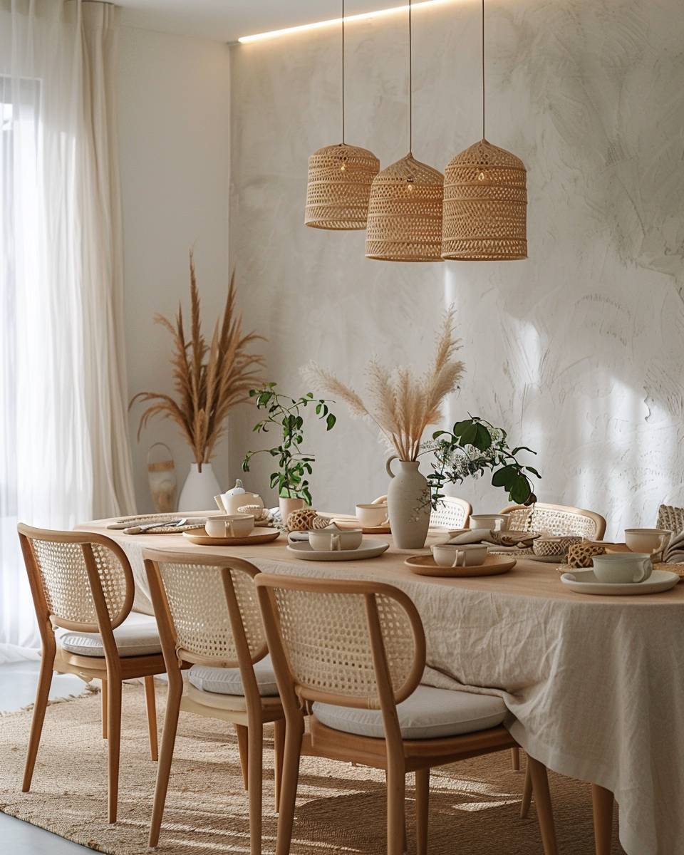 Ideen für Esszimmer im Boho-Stil- Hänge geflochtene Pendelleuchten aus Bambus auf