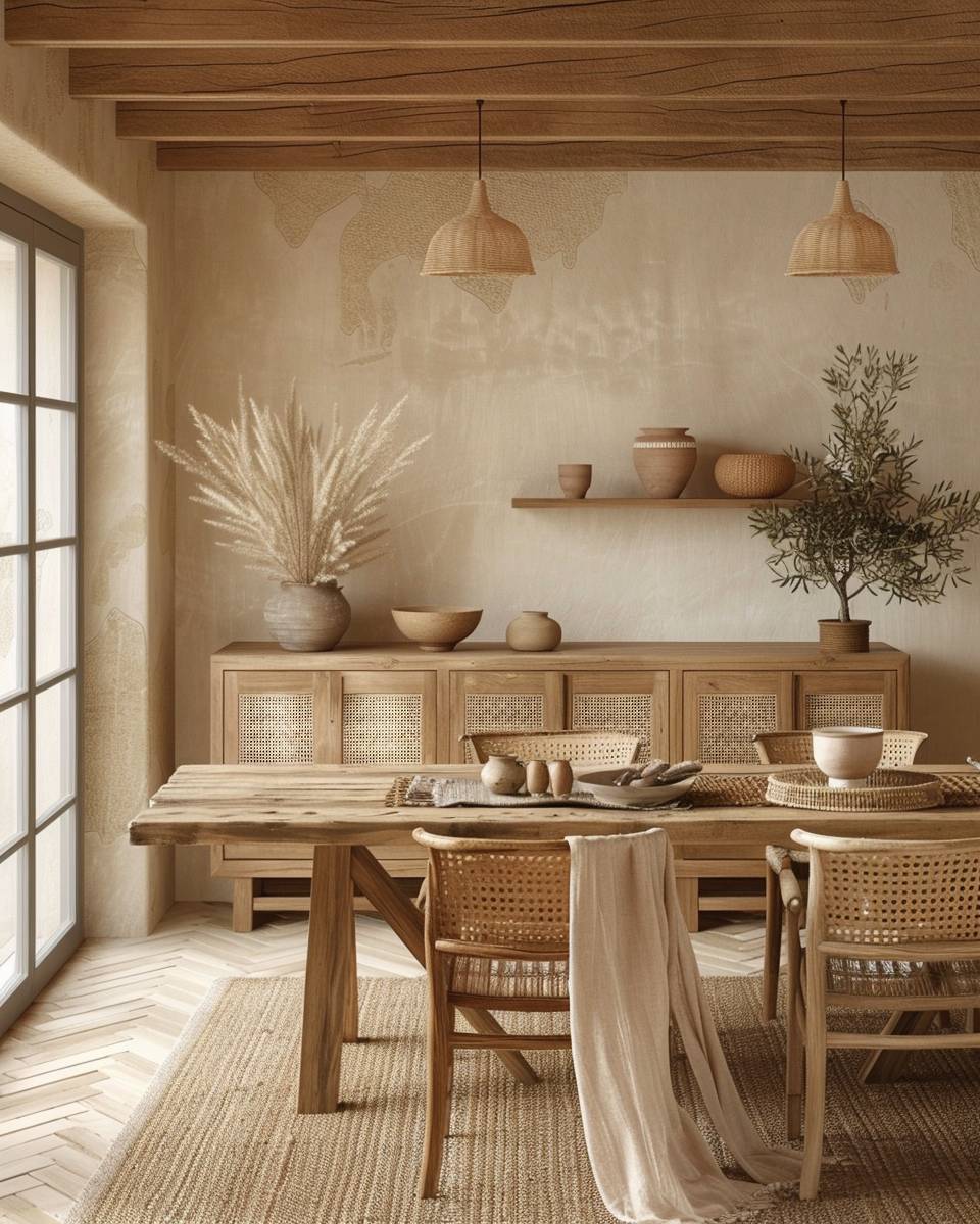 Ideen für Esszimmer im Boho-Stil- Kombiniere unterschiedliche Holzarten für Tiefe