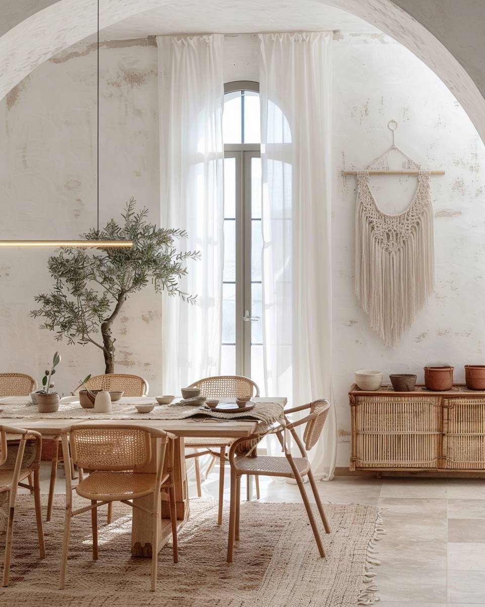 Ideen für Esszimmer im Boho-Stil- Lass Naturlicht durch leichte Vorhänge fluten