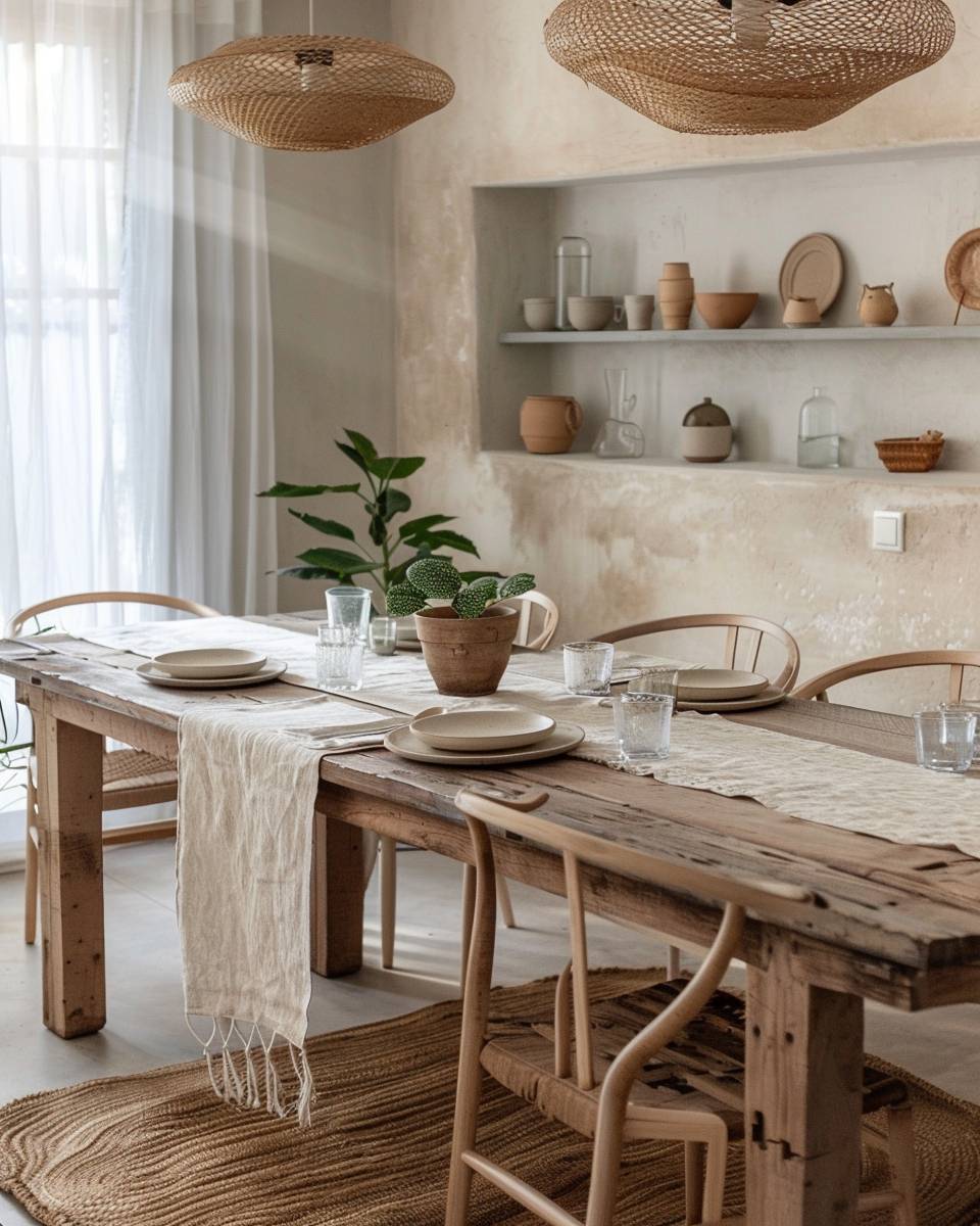Ideen für Esszimmer im Boho-Stil- Schichte Leinenläufer über rustikale Holztische