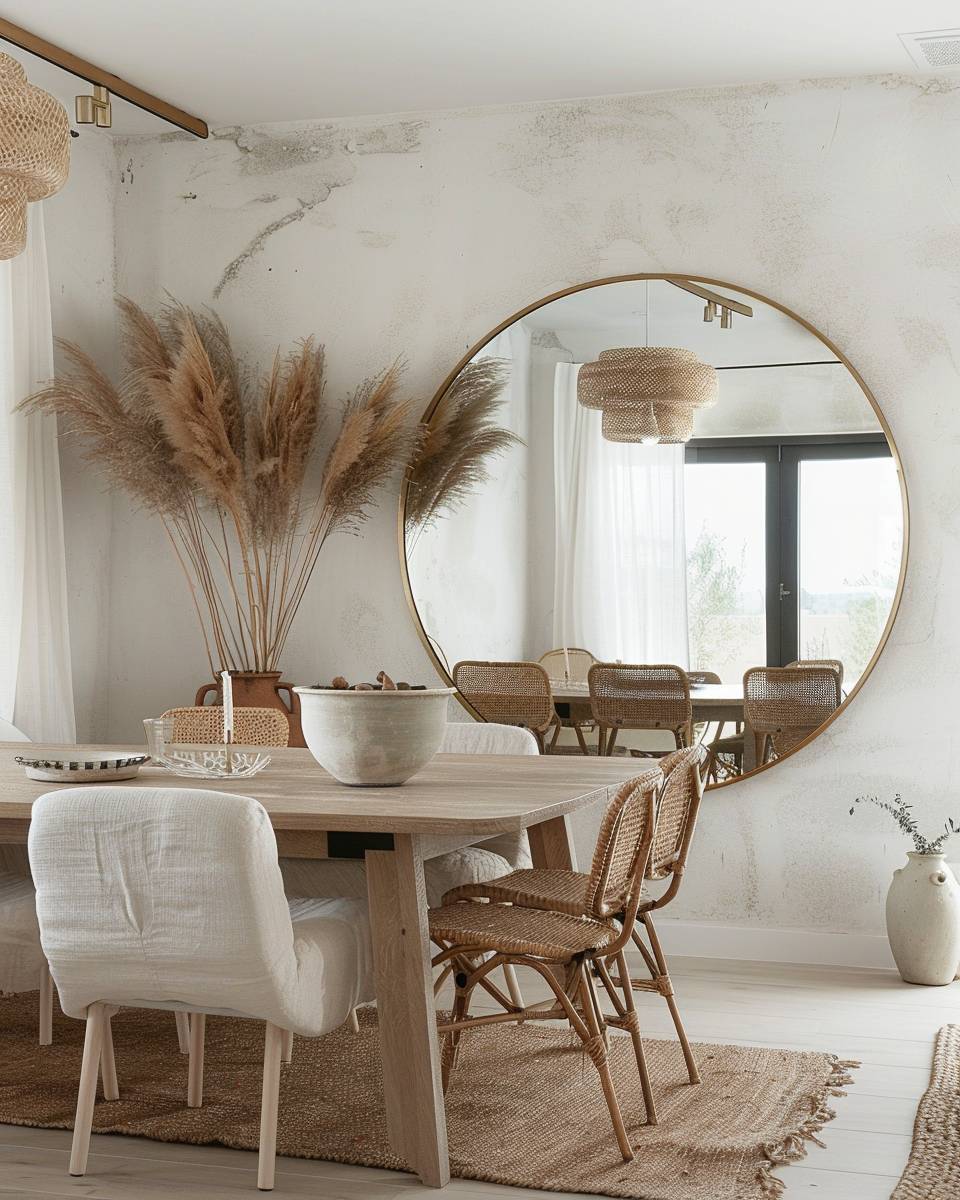 Ideen für Esszimmer im Boho-Stil- Spiele mit runden Spiegeln für Weite