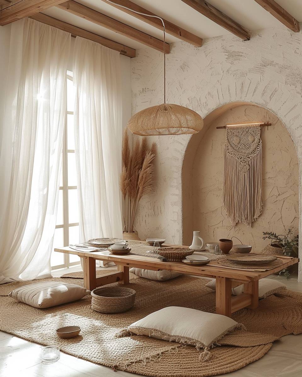 Ideen für Esszimmer im Boho-Stil- Verteile Bodenkissen für entspanntes Beisammensein