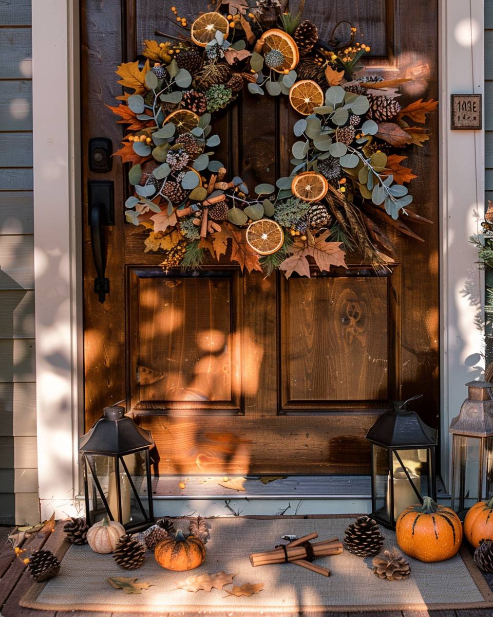 Schöne Herbstkranz-Ideen-  
Stecke getrocknete Orangenscheiben als Hingucker dazu