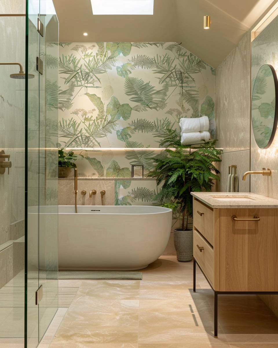 Tapete im Badezimmer Ideen- Spiele mit botanischen Motiven für Wellnessgefühl