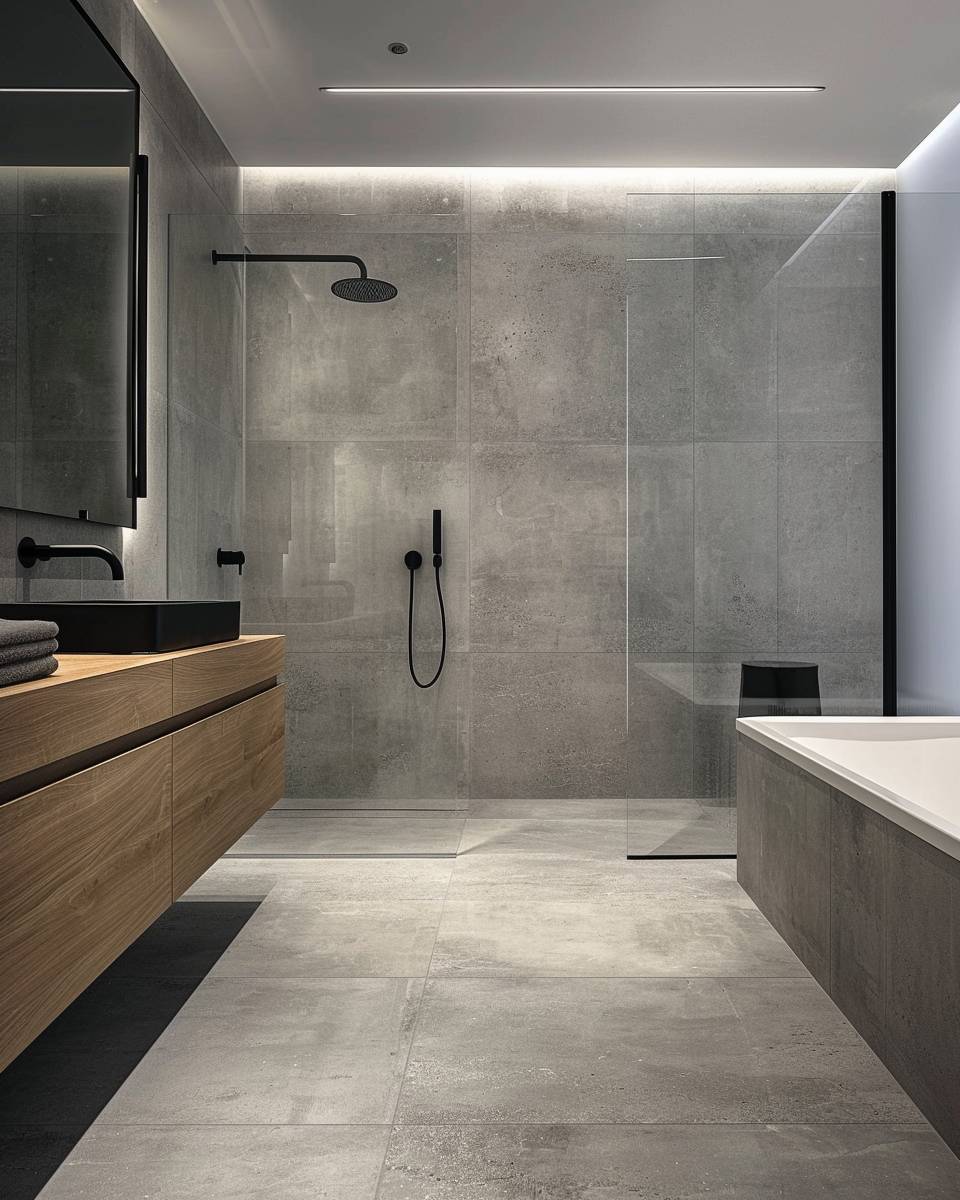 Badezimmer mit Betonoptik gestalten- Benutze große Bodenfliesen in Zementgrau