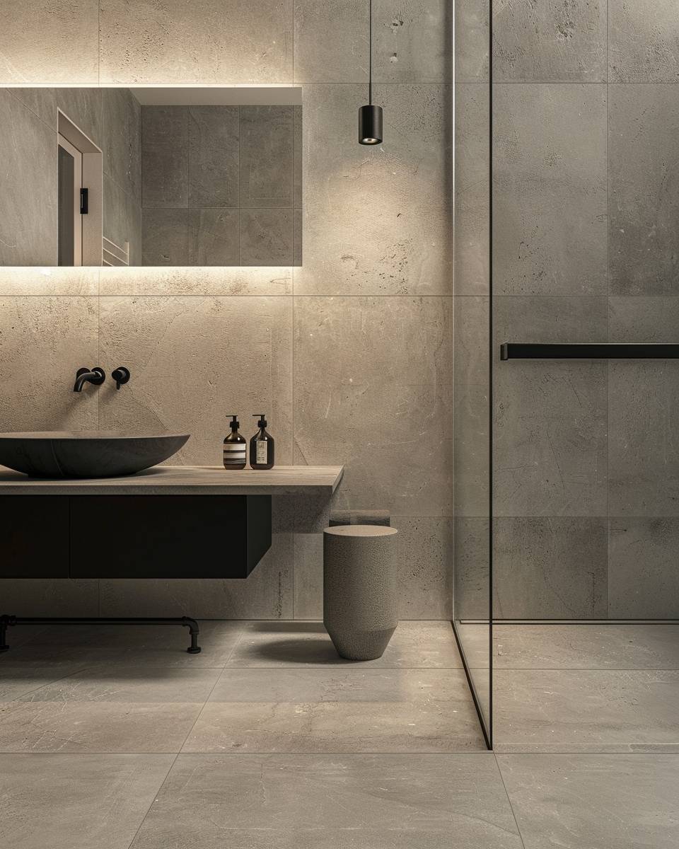 Badezimmer mit Betonoptik gestalten- Integriere Industrial-Armaturen aus schwarzem Metall