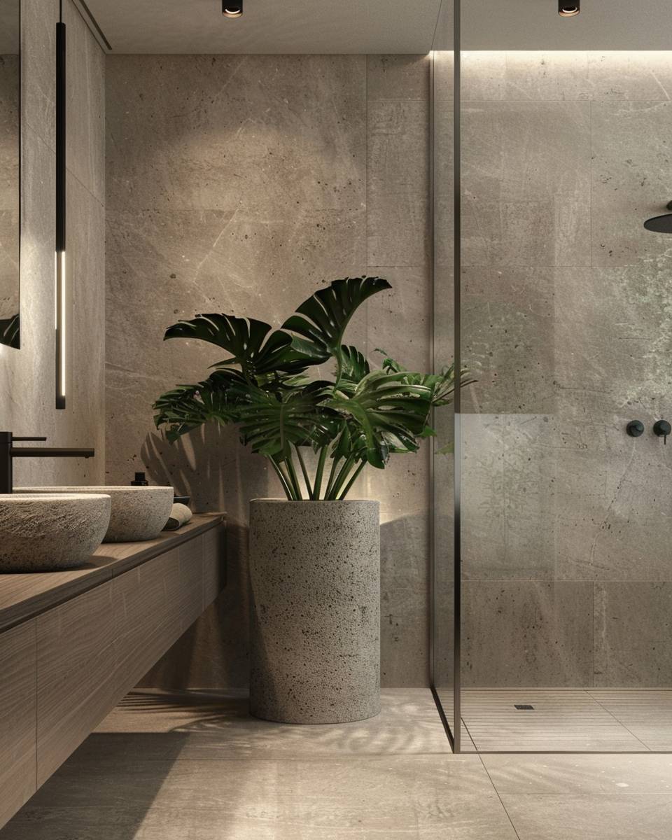 Badezimmer mit Betonoptik gestalten- Positioniere Pflanzen in rauen Betonvasen