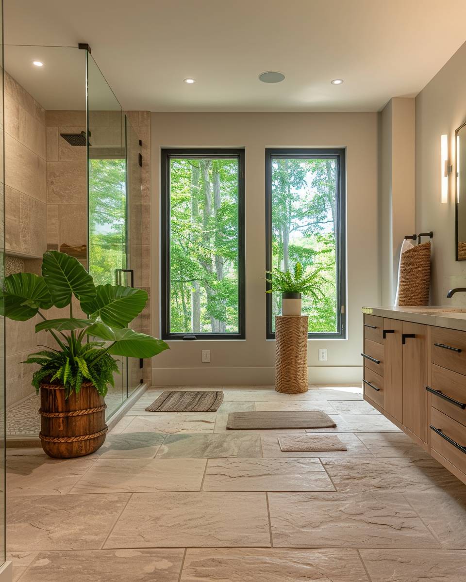Badezimmer mit Naturmaterialien- Arrangiere Pflanzen in Holzgefäßen