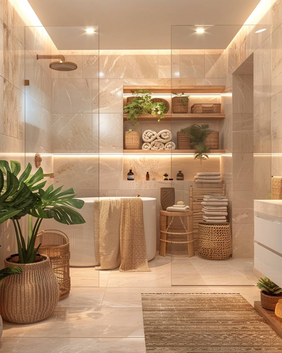 Badezimmer mit Naturmaterialien- Ergänze Rattanregale für leichte Aufbewahrung