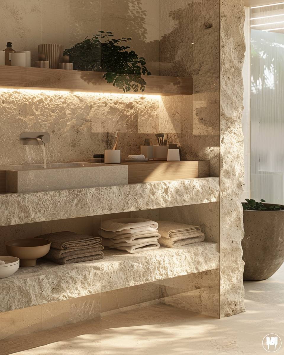 Badezimmer mit Naturmaterialien- Gestalte ein Regal aus naturbelassenem Stein