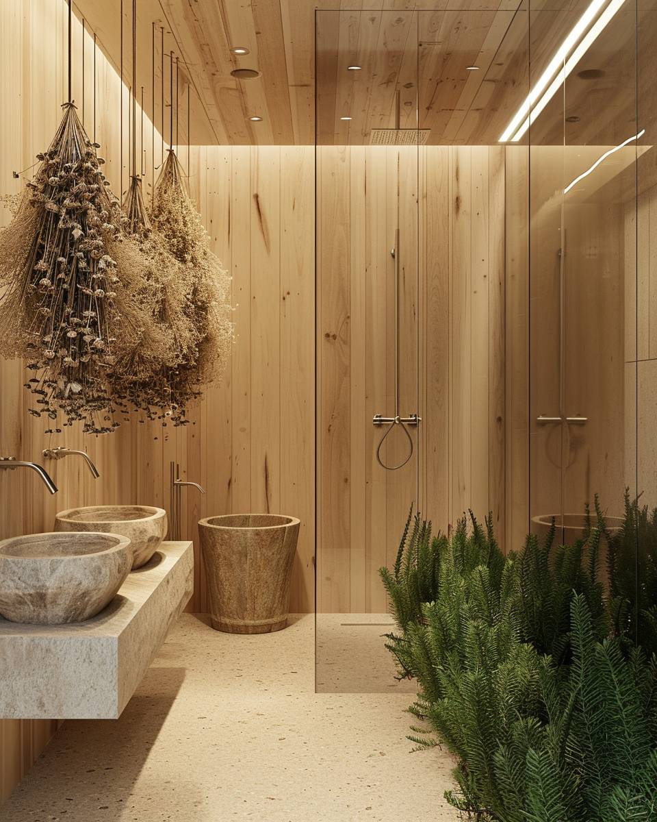 Badezimmer mit Naturmaterialien- Hänge getrocknete Blumen an Holzwänden auf
