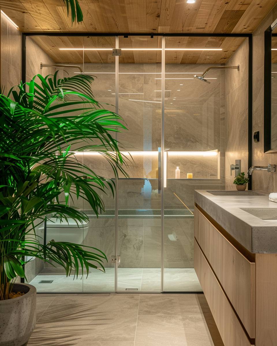 Badezimmer mit Naturmaterialien- Lasse Tageslicht durch eine Milchglaswand fließen
