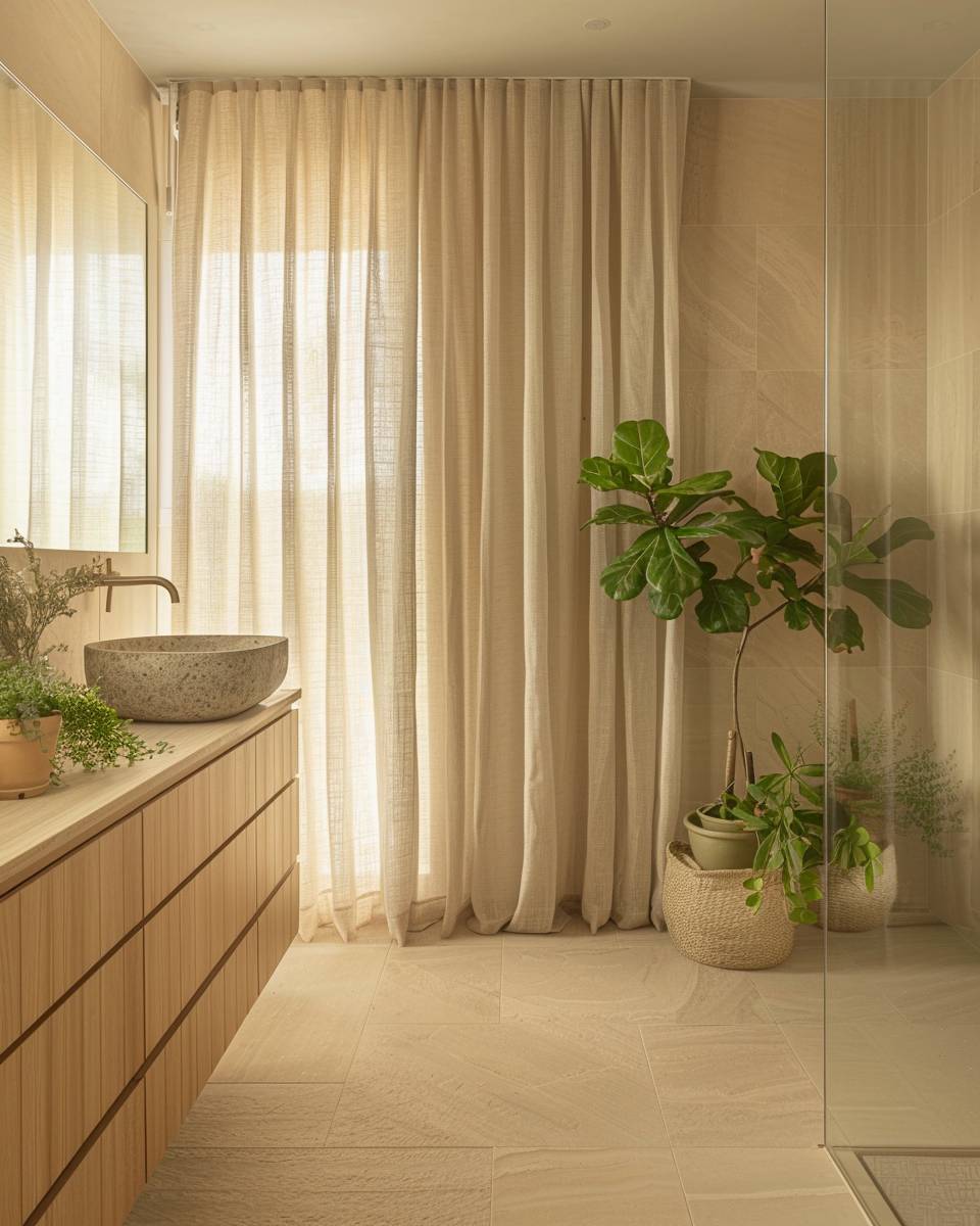Badezimmer mit Naturmaterialien- Schmücke mit Leinenvorhängen am Fenster