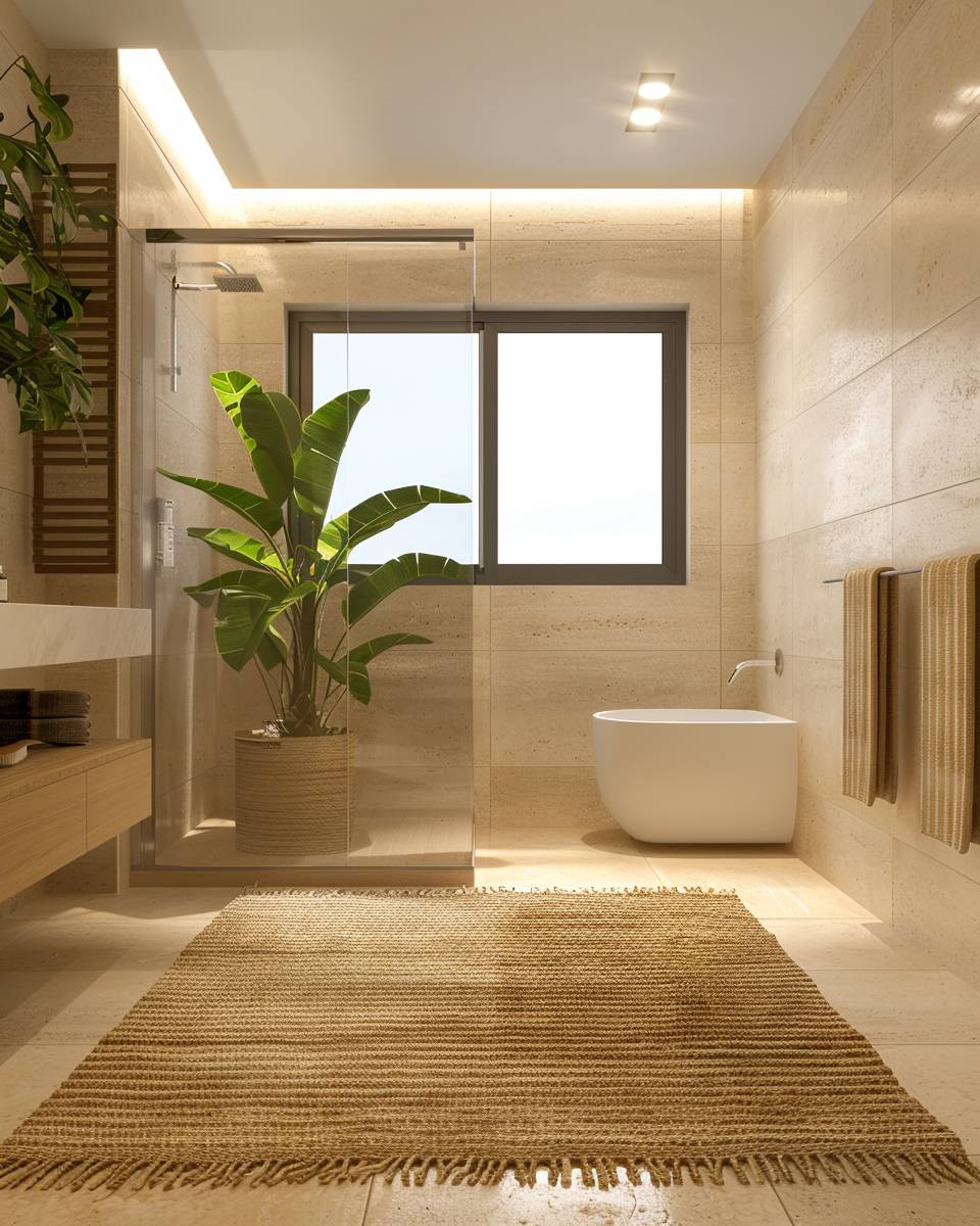 Badezimmer mit Naturmaterialien- Werfe einen groben Juteteppich auf den Boden