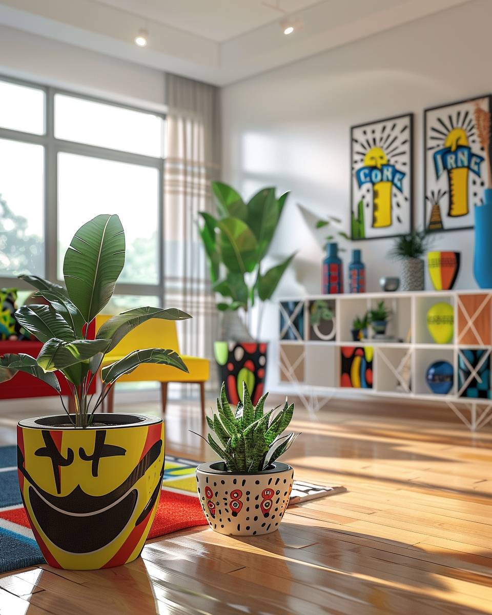 Einrichtung im Pop-Art-Stil- Bemale Blumenkübel im Comicdesign
