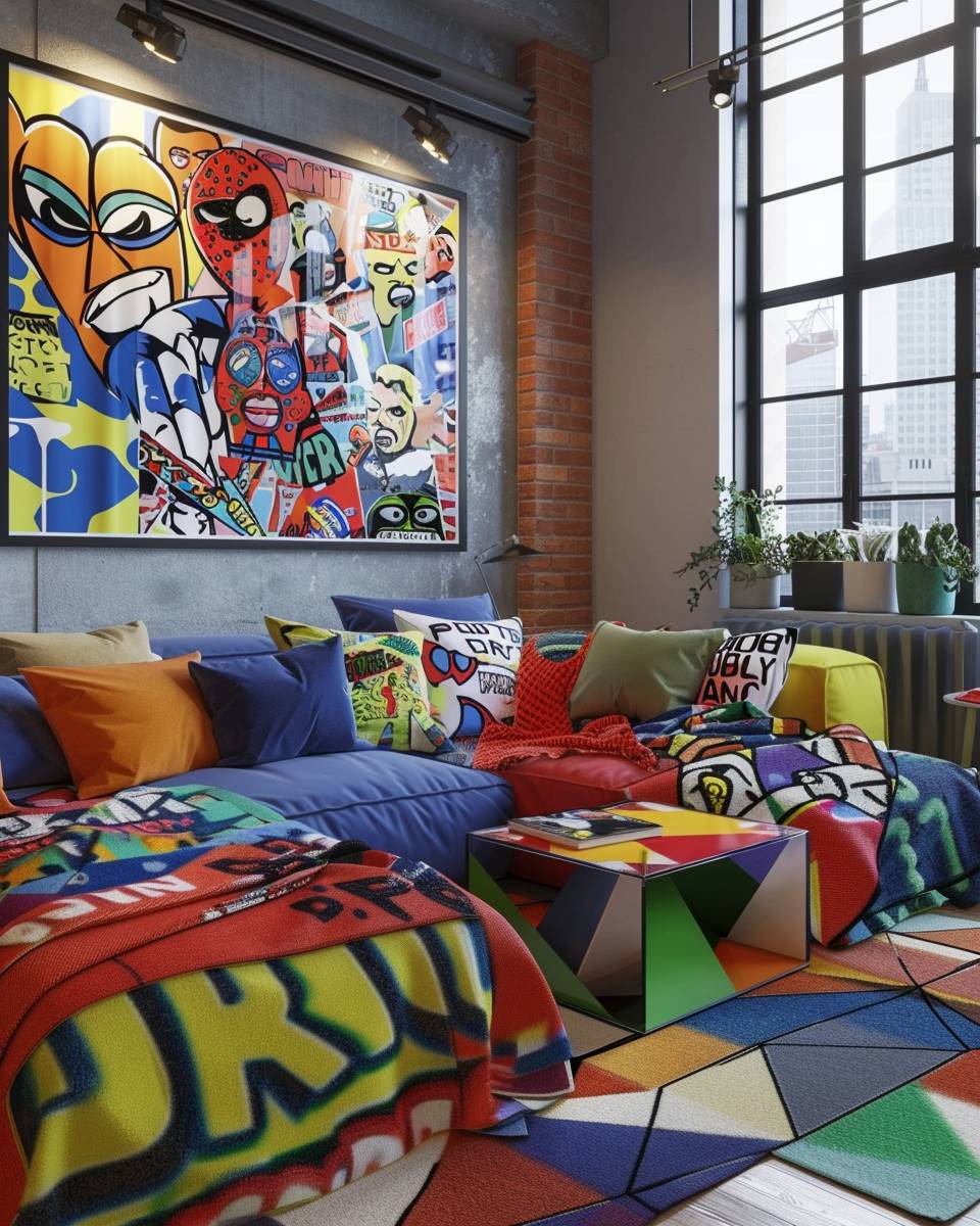 Einrichtung im Pop-Art-Stil- Ergänze dein Sofa mit Kuscheldecken im Graffiti-Look