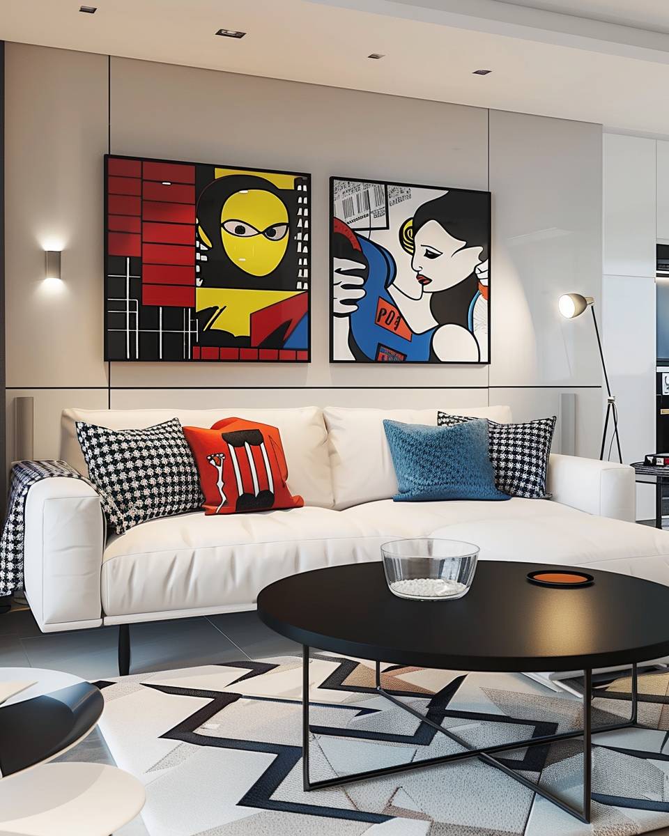Einrichtung im Pop-Art-Stil- Mische monochrome Möbel mit bunten Accessoires