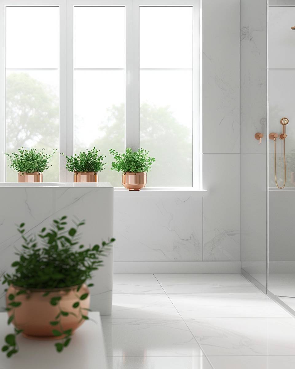 Ideen: Badezimmer mit Kupferakzenten- Schmücke Fensterbänke mit Kupferblumentöpfen