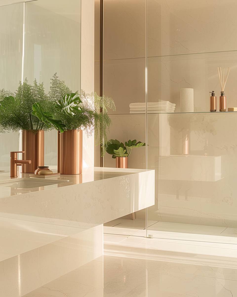 Ideen: Badezimmer mit Kupferakzenten- Wähle Kupfervasen für elegante Pflanzenarrangements