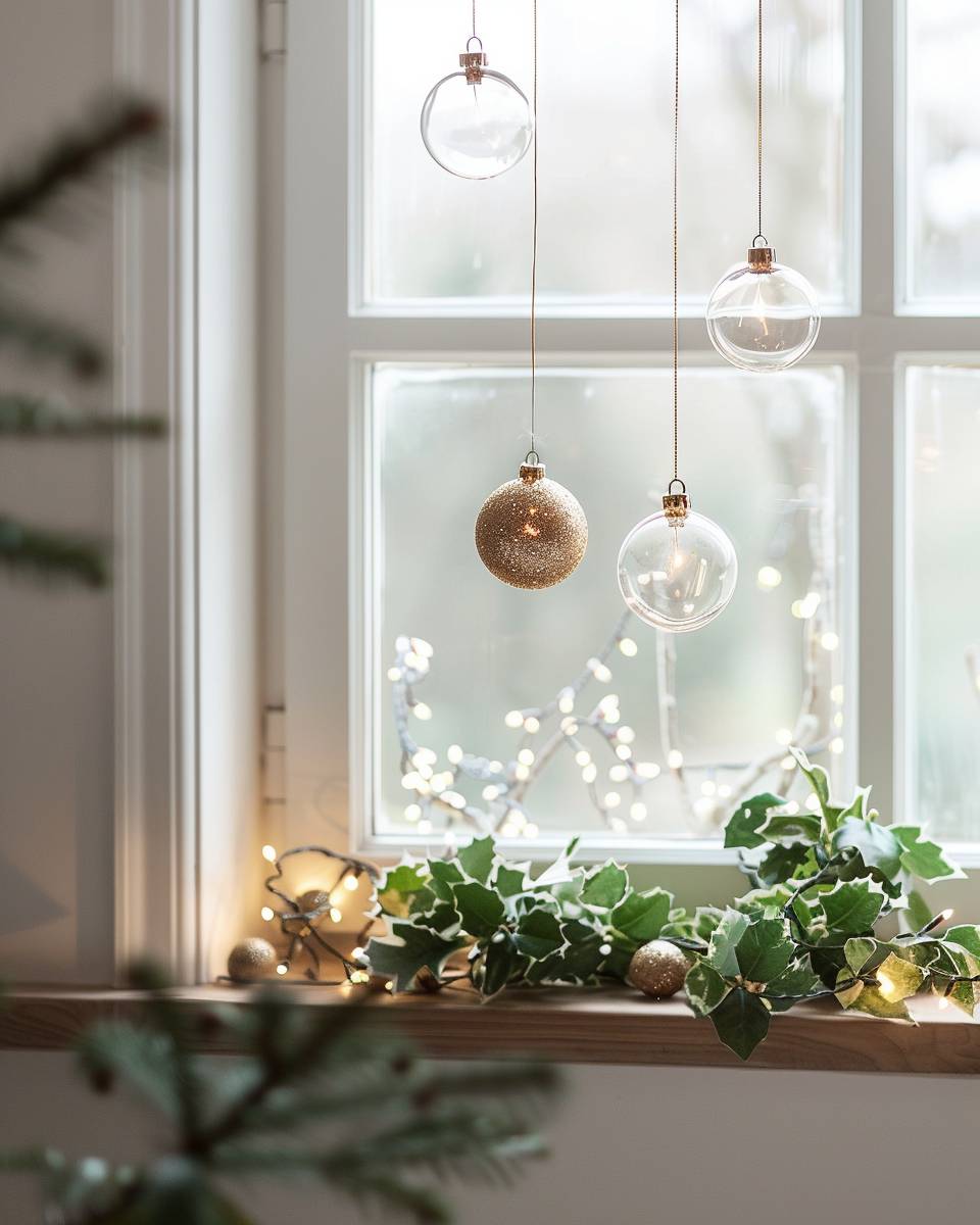 Ideen: Fenster weihnachtlich dekorieren- Platziere zarte Glasanhänger für festlichen Glanz