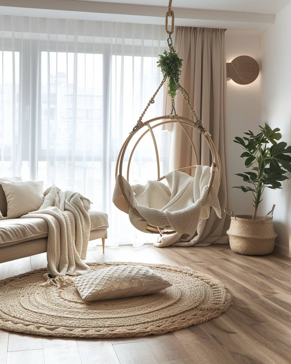 Ideen: Hängesessel im Wohnzimmer-Platziere deinen Hängesessel als Blickfang