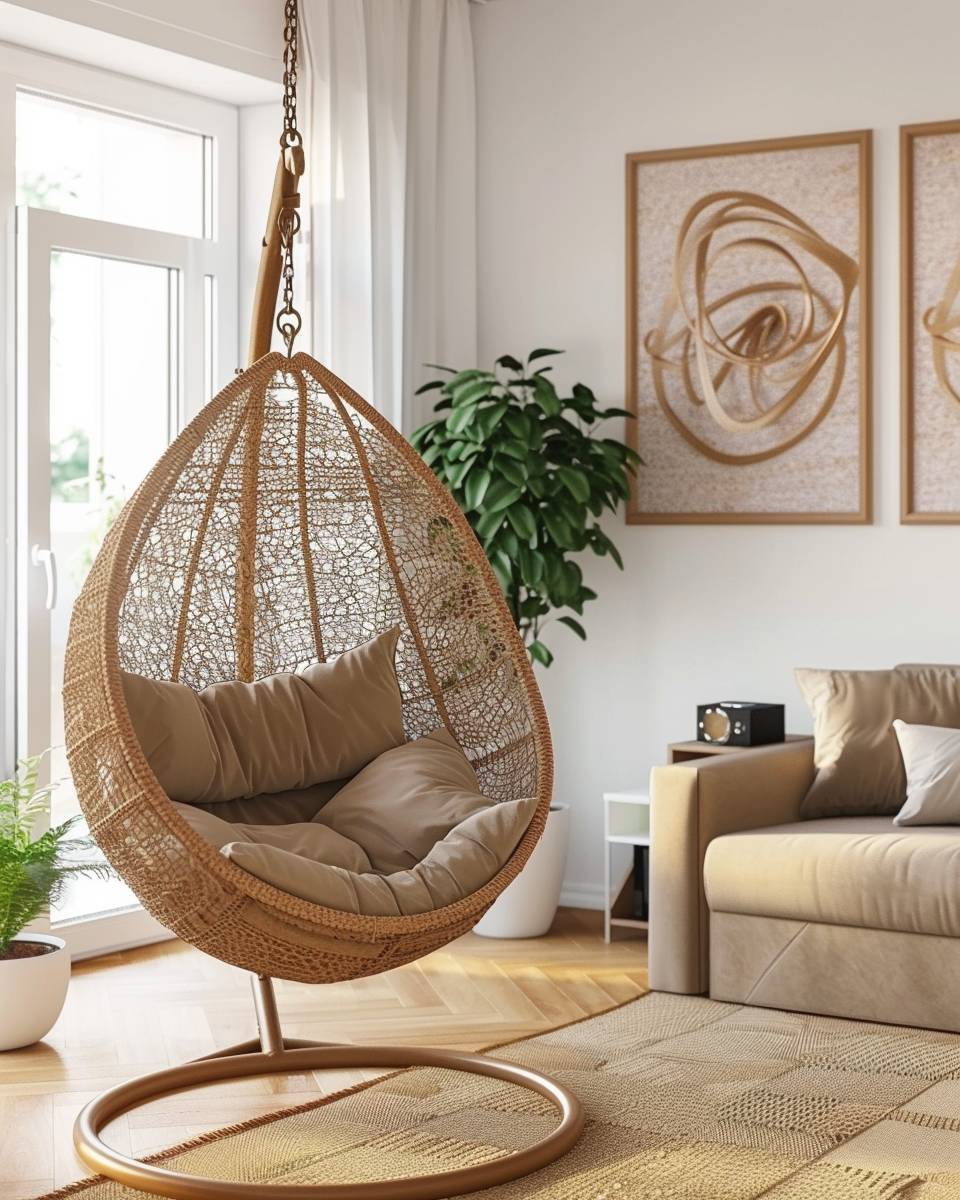 Ideen: Hängesessel im Wohnzimmer- Betone mit Bildern an der Wand deine Stilrichtung